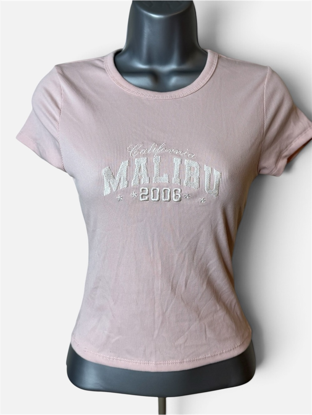 Y2K Style Baby Pink Ribbed Malibu 2006 Graphic Tee